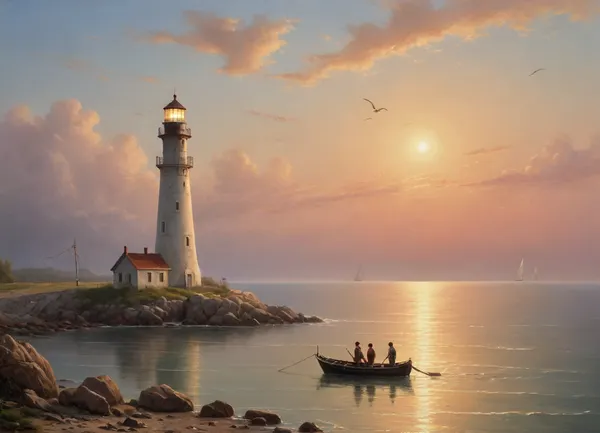The painting is in the style of the Russian artist Ivan Konstantinovich Aivazovsky.The painting depicts a quiet summer evening.The sea is calm. The lightest ripples run across the calm surface of the sea. Sailing boats and fishing boats glide along it.Fluffy clouds float across the transparent azure sky, which appear pale pink under the rays of the setting sun. With short and light strokes, the author depicted a transparent mist floating in the humid air. In the distance, in the misty haze, the outlines of the rocks are visible.Seagulls are flying low over the water. The painting exudes silence, tranquility and peace. An important element of the painting is the dark lighthouse tower. The lighthouse symbolizes hope and salvation. The lighthouse shows the sailors the way to their native shore, warns of shoals. The painting is dominated by calm light shades. The viewer, looking at the canvas, clearly feels like he is standing not in an art gallery, but on the shore of a sea strait, admiring a beautiful and quiet summer evening.
