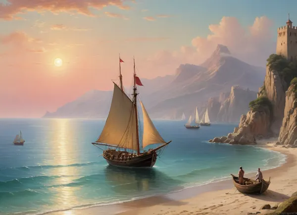 The painting is in the style of the Russian artist Ivan Konstantinovich Aivazovsky.In the central part of the canvas there is a sailboat standing on a raid near the walls of the Genoese fortress. The rays of the rising sun turn the sails of the ship pale pink. The turquoise expanse of the sea is calm, and the unfurled sails are reflected in it, as if in a mirror. In the foreground of the painting, on a sandy beach near the sea, the viewer sees a cart pulled by two oxen and a boat approaching the shore. Near the cart and boat, the author depicted local residents dressed in national costumes.
In the haze of morning fog, the outlines of sailboats standing in the bay are barely discernible. The rays of the sun rising over the mountains fill the sky, the peaks of the rocks and the sea near the horizon with a warm lemon yellow color.
In the misty haze on the tops of the coastal cliffs, you can see the ancient towers of the ancient Genoese fortress.
The painting is imbued with lyrical romanticism, which is especially felt on Aivazovsky's canvases, painted in the so-called oriental taste.