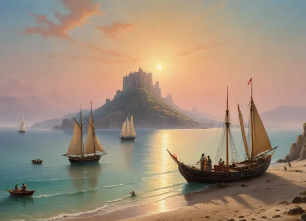 The painting is in the style of the Russian artist Ivan Konstantinovich Aivazovsky.In the central part of the canvas there is a sailboat standing on a raid near the walls of the Genoese fortress. The rays of the rising sun turn the sails of the ship pale pink. The turquoise expanse of the sea is calm, and the unfurled sails are reflected in it, as if in a mirror. In the foreground of the painting, on a sandy beach near the sea, the viewer sees a cart pulled by two oxen and a boat approaching the shore. Near the cart and boat, the author depicted local residents dressed in national costumes.
In the haze of morning fog, the outlines of sailboats standing in the bay are barely discernible. The rays of the sun rising over the mountains fill the sky, the peaks of the rocks and the sea near the horizon with a warm lemon yellow color.
In the misty haze on the tops of the coastal cliffs, you can see the ancient towers of the ancient Genoese fortress.
The painting is imbued with lyrical romanticism, which is especially felt on Aivazovsky's canvases, painted in the so-called oriental taste.