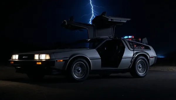 DeLorean from BTTF, (Back to the Future), Night, Dark Sky, Road in Desert, Real Road, Lights of DeLorean, (Travel Time Effects, Driving to 88mph, Driving Effects, Blue Lights on Components Located on the Side of the DeLorean, ((Blue Flash, Blue Flashes from the DeLorean, Blue Fire Flashes from the DeLorean, Lightning Flashes all Around the DeLorean))), Doors Closed, Marty McFly Sits in the DeLorean and Drives it, Side View from Below, <lora:dark:.5>