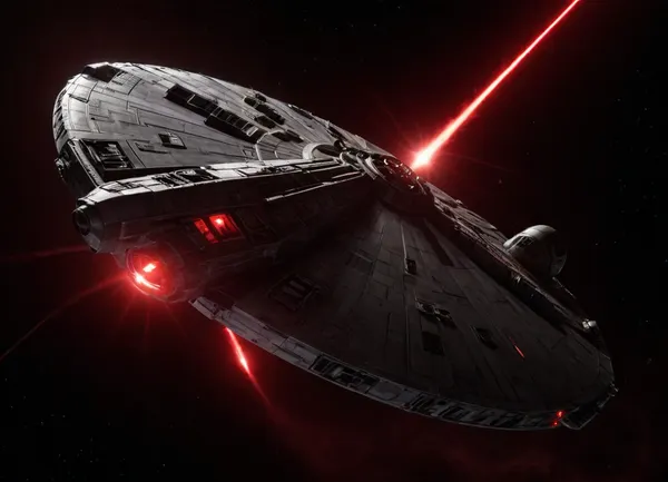 In the Galaxy far far Away, (Star Wars), in Space, Bright Stars Background, Millenium Falcon, (Flighting Effects, Speed Effects, Red Lasers Shots), Side View from Above, <lora:dark:.5>
