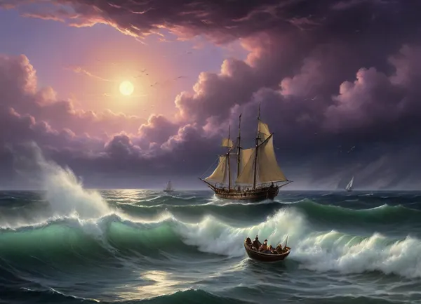 The painting is in the style of the Russian artist Ivan Konstantinovich Aivazovsky.The painting depicts a night storm at sea, in which a sailing ship got caught.

Huge waves surging over the raging sea occupy most of the picture. A small boat is struggling to withstand the powerful onslaught of the waves.

Clouds are rushing across the sky. The moon is visible between them, the cold and indifferent light of which illuminates the raging sea element, [1], .

While working on the painting, Aivazovsky used a unique combination of bright golden colors with dark, lilac-purple shades, which further emphasized the extraordinary beauty of the formidable and terrible elements. The stream of moonlight picks out huge ferocious waves from the darkness, throwing a thin web of golden light over them. It seems to the viewer that the full, bright moon broke through the veil of thick clouds in order to illuminate the terrible and beautiful game of the stormy sea.

The sailboat seems alien in the midst of the frenzied dancing of the waves. It seems that he uninvited intrudes into the pristine beauty of the raging sea and sky. The boat is unsuccessfully trying to escape from this beautiful trap, which seeks to crush and destroy, painted in the so-called oriental taste.