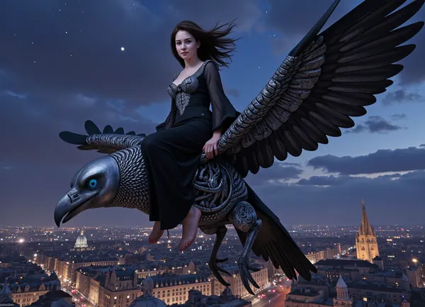 A malevolent female necromancer, appearing pale and terrifying, with sharp, angular features, piercing blue eyes, and a cruel smirk playing on his lips, a woman of approximately 35 years old with sharp cheekbones and dark, shoulder-length hair, one breast out, rides a colossal mechanical raven. The raven, crafted from polished steel and intricately carved bone, its wings a chaotic mesh of gears and feathers, soars above a sprawling nocturnal city. The necromancer, clad in a flowing black robe adorned with silver embroidery depicting skeletal ravens, his hands clutching the raven's bony neck, is rendered in a whimsical Art Nouveau style with watercolor textures. The city below is a dense tapestry of gaslit streets and gothic architecture, bathed in the deep indigo and violet hues of twilight. The overall atmosphere is ominous yet fantastical, conveying a sense of dark magic and gothic romance. The scene is painted with a high contrast, emphasizing the sharp lines of the raven and the city's spires against a dark, star-studded sky. A wide-angle shot captures the dynamic movement, emphasizing the raven's powerful wings, the necromancer’s wild hair streaming in the wind. The style evokes a blend of Art Nouveau elegance and gothic horror, creating a dramatic, compelling image that emphasizes texture and intricate detail, with a focus on the interplay of light and shadow. The color palette is rich, using deep blues, purples, blacks, and silvers, offset by the pale skin of the necromancer creating a stark visual contrast. The composition uses a dramatic high-angle perspective to showcase both the necromancer and the vastness of the city beneath.