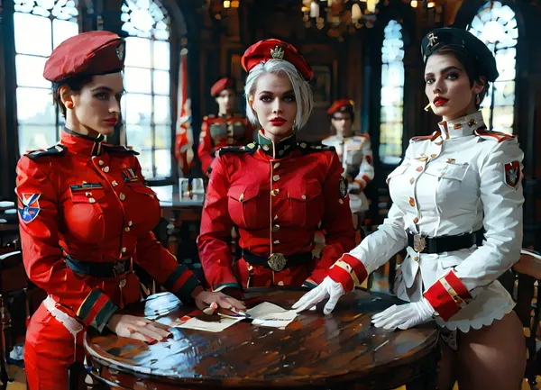 (bottomless only white lace thong:1.3), (Military Beret:1.2), (White military uniform:1.2), (red military uniform:1.2), Fully dressed in military uniform, Fully clothed, three women, Four women, A female head of state and her guards during a press conference, Women standing side by side on chairs at a table, Women standing behind a table, Women standing in front of the camera, (Isabella Valentine), (Jill Valentine), (tracer from overwatc), multiple girls, beautiful face, perfect face, highly detailed beautiful face and eyes, attractive face, very curvy, Lots of adult women, long legs, stylish, big boobs, perfect body, high heels, nipples, perfect tits.full body, Female soldiers lining up, Female soldiers marching side by side