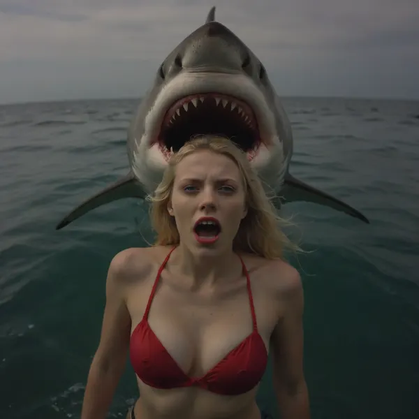 A candid closeup selfie angle gopro photo of a gorgeous blonde young screaming women, she is swimming in the ocean, behing her chased by an angry gigantic shark, she have horror face, 35mm RED CAMERA photography, sexyblonde, head and torso in full view, <lora:sexyblonde:.8>, style, of, massive, Swedish, shark, <lora:tbh336-sdxl:.8>, <lora:Splitshot:.8>