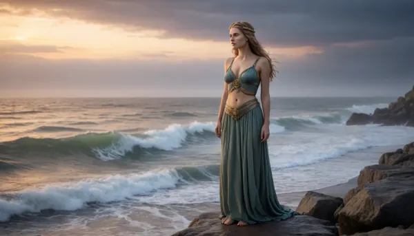 A illustration of the Germanic goddess Nehalenia. She stands on a shore by the sea, awaiting the unfailing return of the warriors. She is the ruler of the ocean and the storm. sunrise, fog, stormy weather, long shadows, dreamy mood, detailed photo, photorealistic photo, realistic pretty women photo, distorted perspective, night vision, soft fokus, overexposure, parallax, #©KITTYART