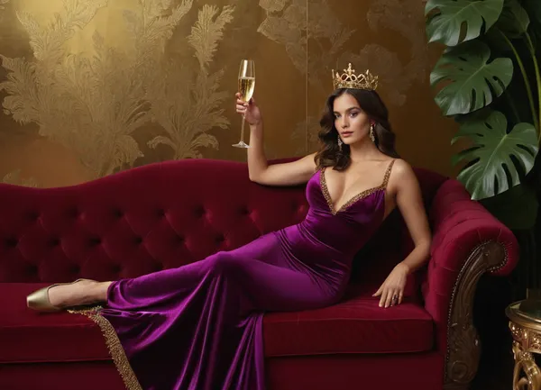 A woman in a red dress and a crown reclines on a luxurious purple sofa, holding a glass of champagne. In the image, a woman is positioned centrally, reclining elegantly on a deep purple, tufted velvet sofa. She is dressed in a flowing, floor-length red satin gown with a V-neckline and a high slit that reveals her legs. On her feet are a pair of matching red high heels. Her dark, wavy hair is adorned with a striking red and gold bejeweled crown. She holds a champagne flute filled with bubbly liquid aloft in her right hand, while her left hand rests near her side. Her gaze is directed towards the viewer. The sofa itself is opulent, with plush cushions and ornate gold-trimmed fringes visible on the backrest. Behind the sofa, a decorative gold wall panel with an intricate, almost floral-like pattern adds to the lavish setting. To the right of the woman, a leafy green plant, possibly a monstera, is visible, suggesting an indoor, decorative environment. The lighting appears soft and warm, highlighting the textures of the fabric and the woman's features. The overall atmosphere is one of luxury, elegance, and perhaps celebration or indulgence, DRSL camera, 8k ultra HD, hinaigirl, large, breasts, boobs, tits, <lora:SDXLHighDetail_v6-000005:.8>, <lora:MaybeBetterFaceInFullBodyLora_XL_rev3:.8>, <lora:bombshell_v2:.8>, <lora:681678_training_data:.8>, <lora:add-detail-xl:1.8>