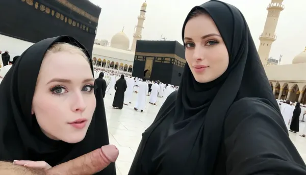 (wearing black hijab), realistic face, pale skin, in front of kaaba, selfie with hairy dick, side view, people watching behind