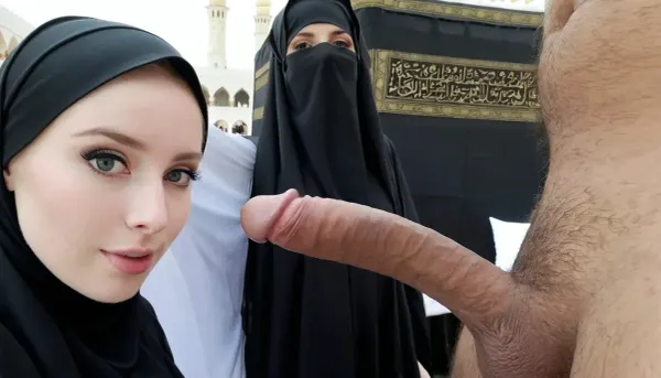 (wearing black hijab), pale skin, in front of kaaba, selfie with hairy erect dick, side view