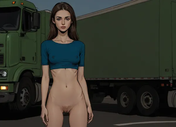 russian mature women, girl next door, detailed eyes, thin eyebrows, perfect makeup, soft facial features, narrow face, long natural brown hair, (6ft tall girl), ((fit skinny body)), hourglass figure, anorexic, (narrow waist), (flat stomach), pale sweaty skin, realistic body proportions, perfect anatomy, good hands with perfect fingers, long skinny legs, thigh gap, (tiny breasts), (flat chested), erected nipples, random pose, (masterpiece:1.4), <lora:ahxl_v1:1.2>, (hippie), (belly free shirt), (bottomless), standing between the huge overland trucks, truck drivers, crowded parking lot of a motorway, full body view, Rating_explicit, Source_anime, (A detailed pencil drawing with clean lines and meticulous shading, flat colors, line art, no gradients, blue and green palette), realistic anatomy, drawing have delicate shading and intricate details, capturing the essence of the subject with fine pencil strokes, allowing the focus to remain on the portrait itself, ratatatat74, (Jean, Giraud), lineart, <lora:outline_xl_kohaku_delta_spv5x:1.1>, <lora:lineartSDXL:.8>, <lora:ratatatat74-000050:.8>
