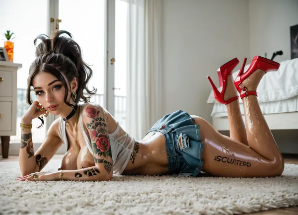 hilda, pokemon, wearing cutter Shirt, nosleeve, mini skirt, side view, in the bedroom, casual fashion, on the carpet, sexy pose, hansup, sweat armpit, necklace, choker, emerald　earring, diamond　ring, gold　chain, huge tits, Highheel, scull tattoo on arm, yakuza tattoo on leg, luxury, VIP, oiled body, very wet, big pierced nipples, huge tattoo on stomach, big uterus tattoo on lower abdomen, big areola, breast expansion, Belly button piercing, room light, slim, sixpack, terrace behaind, day