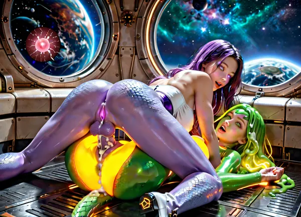 two space color futanari, purple mini futa, green huge futa, space, alien, transgender futa, futanari, skinny futa, thin futa, slender fit ass, athletic legs, vagina under a dick, have sex, in a space ship laboratory. green slime on the wall and on the floor. Their skin is covered with scales. 18 year old. Cute faces, no clothes. Long beautiful legs. There are claws on his hands. Wet. There are many different planets in the window, galaxies, a quasar, spaceship. Lots of colorful thick cum. A huge cock with veins, ass sex, fuck on behind, cumming on ass, cum on back, cum on flor, distance photo, 8k, UHD. super quality, detailed face, futanari missionary sex on a cosmic shower on ship, detailed legs, futa fuck futa, futanari sex, futa porno, cosmic dick. purple skin tone, blue vagina, used vagina, use ass, a young face, a sweet face, glowing eyes, glowing growths on the body, double sex, glowing dick, glowing tits, glowing vagina, glowing cum, glowing sperm, glowing boobs, Skin-tight sexy full-body space alien glows costume, transparent glows clothing, fiery cum, cum glows, glows mucus on the surface, glows hair, glows body implant, glow clothes, scales, scales on the skin, glow dragon's tail, glow reptile's tail, glow body, glow steampunk body, glow mechanical body, realistic face, super real face, super detailed face, beautiful face, mirrors, surprised face, mirror floor