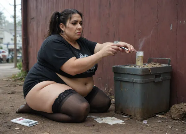 Obese dirty old woman kneeling in a dirty favella, high quality, stockings, cosmetics, pigtails, dirt, garbage, emo, anime, tumblr, thrash, beer and cigarette, revsitting, revstanding, <lora:revsex_SDXL_1_:1.9>