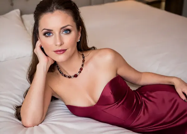 (masterpiece, best quality:1.2), insanely beautiful brunette 40yo sporty milf in the bedroom, natural boobs, high ponytail, perfect blue eyes, perfect hands, (she wears a dark bordeaux luxury evening gown made from heavy velevt fabric:1.2), necklace with tiara, high quality jewelry, stockings, she needs a break and is lying on the bed, view from above, lofwes, half-front, lying, on, elbows, flat, chested, <lora:LyingOnFrontWithElbowSupport.1.0:.8>, <lora:flat_chested_v3.5:.5>