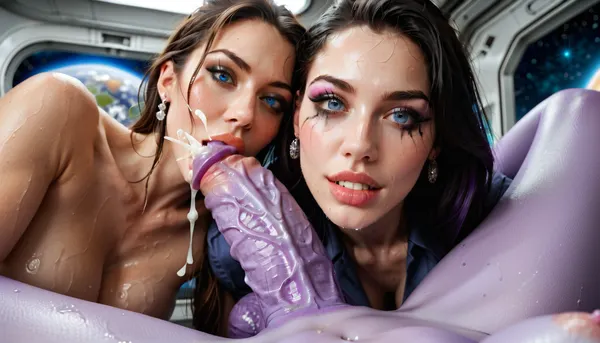 two futanari girls sex, futanari, 2 girls, third person view, beautiful shapes, skinny, athletic, looking at each other, space, planets, space station, aliens, reptile, purple skin, blue skin, two girls with a dick, fucking each other, she's all wet, wet clothes, bright makeup, cumming, (((The whole full body is visible))), nude, professional shot, Super realistic, perfect lighting, (best shadow), 8K, UHD, clear image, (best lighting), highest quality, ultra-detailed images, fine details, high resolution, 8k, wide mouth, full lips, blue eyes, pale skin, deep dimples, cute chin, kind eyes, white teeth, detailed faces, Black eyeliner, professional, realistic eyes, Sultry expression. Tousled, (sultry), Photorealistic, innocent face, horny, very detailed, perfect tight smooth young pussy, small tits, (((narrow low face))), young face, bright eyes, very detailed face, blush, white skin, close up hyper detailed body, detailed huge flaccid penis, fit body relief, fuck futanari dick, two woman futanari sex, ((futanari penis, futanari vagina under balls, veiny penis, cum dump)), purple futa, purple dick, purple skin tone, purple woman, distance image five meters, distance photo, alien, alien skin, alien skin tone, reptile skin, reptile skin tone, open useed vagina, futanari sex, the camera is on the ceiling, the camera shoots from afar