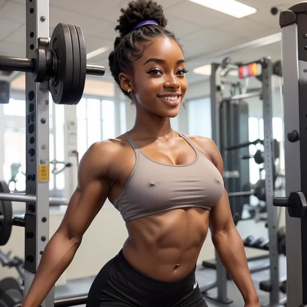 Naked.Cute.Adult. 21 years old ebony woman is doing hard workout at the Gym. muscular body, heavy abs, firm round butts, smile, sweaty body, tiny breast, two black buns hairstyle