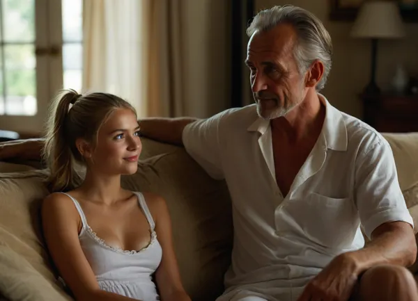 front view, ((1 very beautiful young woman wearing a white very short sundress sitting on a sofa side by side with fully clothed old male man in long trousers and shirt)), medium blonde tight high pony tail, questioning smile, dark blue eyes, tanned, narrow waist, medium breasts, highly detailed, CN, Girl6, but, clothes, <lora:Midjourney Image Enhancer XL v1:.8>, <lora:BUT_SDXL_SHS:.8>, <lora:add-detail-xl:.8>, (little nip slip:1.2)