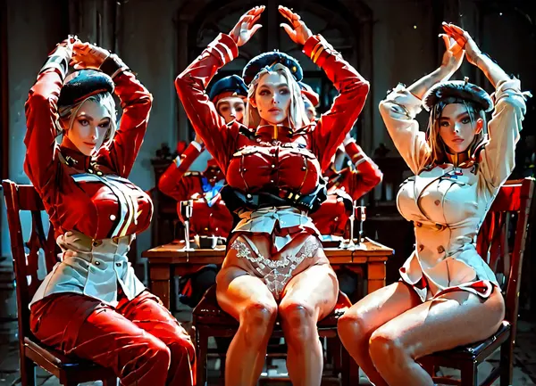 (Military Beret:1.3), (bottomless only white lace thong:1.3), (Hands above head:1.3), (White military uniform:1.3), (red military uniform:1.3), Fully dressed in military uniform, Fully clothed, three women, Four women, A female head of state and her guards during a press conference, Women sitting side by side on chairs at a table, Women standing behind a table, Women standing in front of the camera, (Isabella Valentine), (Jill Valentine), (tracer from overwatc), ayanami rei, tomboy, tracer from overwatch, multiple girls, many girls, beautiful face, perfect face, highly detailed beautiful face and eyes, attractive face, very curvy, Lots of adult women, long legs, stylish, big boobs, perfect body, high heels, roleplay, tits licking, Escape from old men. perfect body, nipples, armpits, perfect tits.long legs