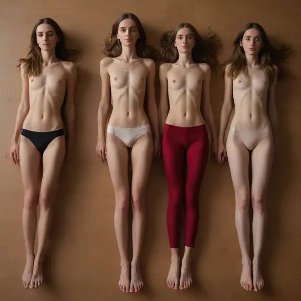 Photorealistic 8k hi-res, highly detailed, natural light, ((an overview of 5 very skinny women, tall, thin legs, thigh gap, small tits, cup A, narrow hips, hipbones, big vulva, long hair, different hair colors, slim, slender:1.8)), Women pretty but also next door neighbor type, natural, no make up, Dresses in thin low waisted yoga pants, ((All laying on the floor, legs spread:1.5)), smiling