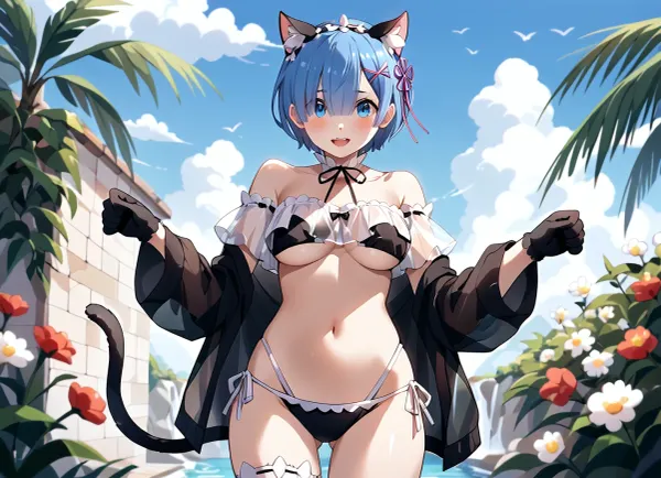 (re, zero_kara_hajimeru_isekai_seikatsu), (rem_, (re, zero)), 1girl animal_ears animal_hands bare_shoulders bikini black_bikini black_shirt black_tail black_thighhighs blue_eyes blue_hair breasts cat_ears cat_tail character_name cross-laced_clothes fake_animal_ears fake_tail flower_knot gloves hair_ornament hair_over_one_eye hands_up large_breasts looking_at_viewer navel off-shoulder_shirt off_shoulder open_mouth paw_gloves paw_print see-through_clothes see-through_shirt shirt short_hair solo strapless strapless_bikini string_bikini swimsuit tail teeth thighhighs thighs underboob upper_teeth_only x_hair_ornament, (<lora:ToraFurry_XL_p2-t1:1>)