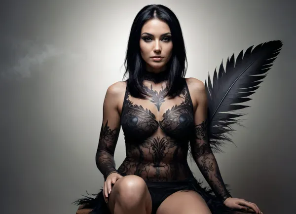 fullbody, woman 32 years old with short neck, very long black curvy hair, A double-exposure illustration in which a woman face is overlaid with raven feathers, blending human features with skin elements. she sits, #©KITTYART


#©KITTYART