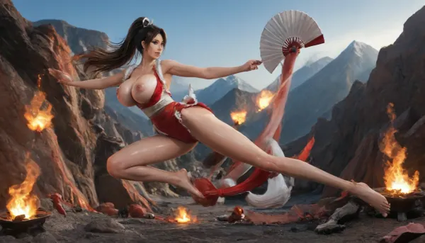 solo, jumping, full body side view, (fans:1.8), (clothes destroyed:1.5), (Mai Shiranui costume:1.9), (skinny:1.3), (huge breasts:1.2), (fire:1.2), (shiny skin:1.8), sky, ice, mountain, shaved, bare feet, realism