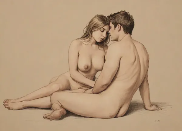 score_9, score_8_up, score_7_up, A detailed color pencil drawing with clean lines and meticulous shading, (sketch of a man and a nude girl:1.8), they are a romantic couple. she has long flowing brown hair. she is lying in his arms. She has soft features, and a serene smile. The drawing should have delicate shading and intricate details, capturing the essence of the subject with fine pencil strokes, background is be simple, allowing the focus to remain on the portrait itself, drawing, by, NTY, v0ng44g, sk3tch, .8>, she is curvy, sexy, small tits, thick waist, wide hips, big ass, fat thighs, short legs, light hair on pussy, chubby, (Teenager:1.2), romantic_couple_poses, <lora:sketch_it:1.3>, <lora:1365620_training_data:1.1>