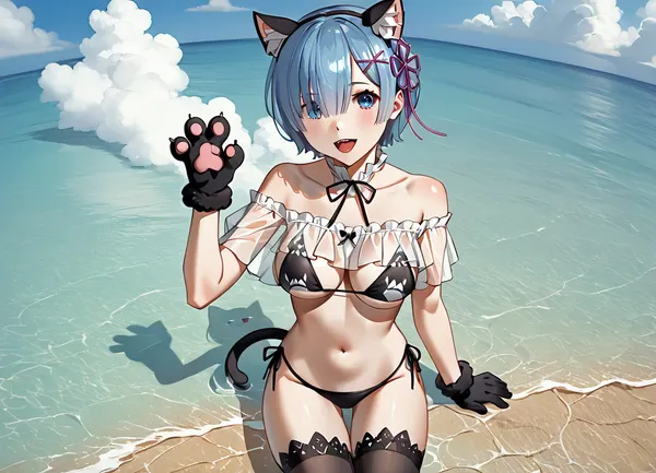 (re, zero_kara_hajimeru_isekai_seikatsu), (rem_, (re, zero)), 1girl animal_ears animal_hands bare_shoulders bikini black_bikini black_shirt black_tail black_thighhighs blue_eyes blue_hair breasts cat_ears cat_tail character_name cross-laced_clothes fake_animal_ears fake_tail flower_knot gloves hair_ornament hair_over_one_eye hands_up large_breasts looking_at_viewer navel off-shoulder_shirt off_shoulder open_mouth paw_gloves paw_print see-through_clothes see-through_shirt shirt short_hair solo strapless strapless_bikini string_bikini swimsuit tail teeth thighhighs thighs underboob upper_teeth_only x_hair_ornament, (<lora:OIS Gold Fish Style LoRA_SeaArt Furry XL 1.0:1.4>)