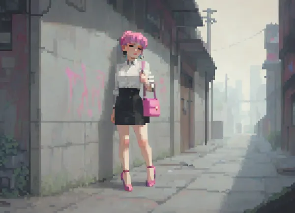 A young woman, aged 20, walks alone, (at night), along a dimly lit roadside in an industrial area in Italy. She wears tight clothes, short black dress and high heels. The scene is gritty, with abandoned factories, rusted metal, and graffiti-covered walls. Flickering streetlights cast cold blue and amber tones on the cracked road, reflecting in puddles as she walks with a confident, yet cautious stride. High detail, DSLR-style depth of field, cinematic realism. very small pink handbag., (incase style), pixel, art, pixelart, <lora:ratatatat74-000050:1.3>, <lora:outline_xl_kohaku_delta_spv5x:1.8>, <lora:cartoon_stickers_xl_v1:.6>, <lora:NEOTOKIOXL_0.2_RC:.4>, <lora:pixel_stormXL:.3>