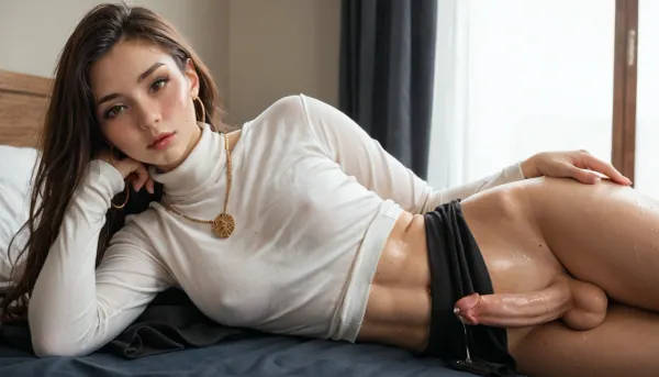 score_9, score_8_up, a stunningly beautiful 23-year-old Chinese brunette lying on black towel, futanari, perfect 10, (side high pomytail:1.2), blush, very detailed skin texture, small perky breasts, (cumming:1.2), perfectly detailed eyes, brown eyes, golden hoop earrings and necklace, (open mouth:.7), (sweating:1.3), narrow waist, big hip, white longsleeve turtleneck, shirt_lifted, looking at viewer, teasing, lying on side, hand on penis, very large, erect penis, (precum leaking), precum, erect-futa, erect-penis, woman, testicles, erection, NEGATIVE_HANDS
