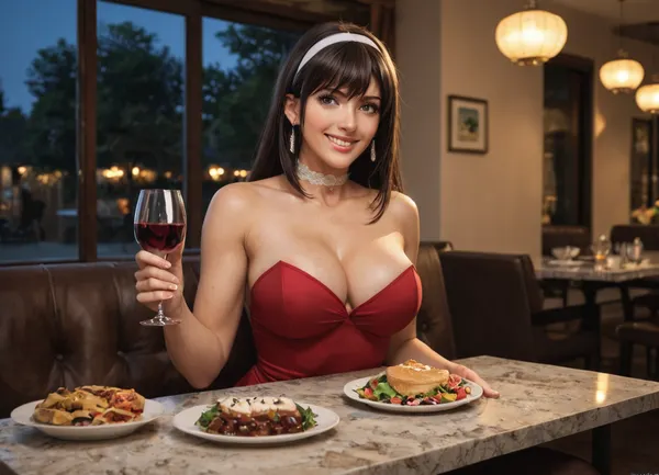 UTAHA KASUMIGAOKA, Whiteheadband, choker, wearing dress, sexy, Tight, ultra Quality, beautiful, Ground cherry, seductive, masterpiece, best quality, perfect lighting, beautiful armpit, erect niplles, in the restaurant, on the chear, night, dinner, she have a wine　glass, cheers, huge areola, athlete body, muscle, front view, looking for viewer, smile