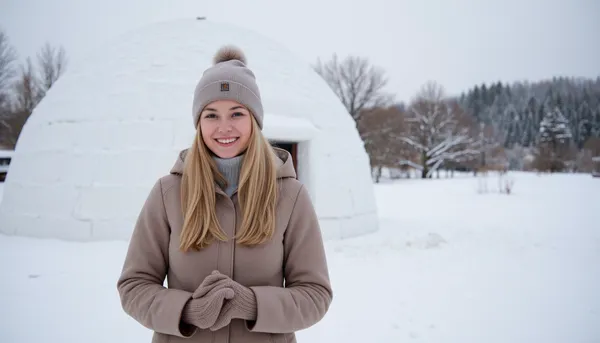 A snowy winter landscape with a igloo. A young blonde woman, wearing a winter coat, bobble hat, gloves, smiling.