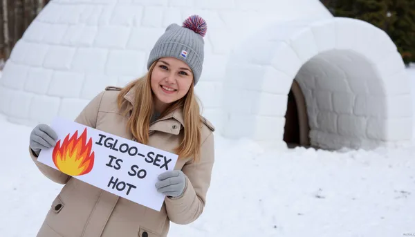 A snowy winter landscape with a igloo. A young blonde woman, wearing a winter coat, bobble hat, gloves, smiling, holding a sign with text "IGLOO-SEX IS SO HOT" and a painted fire.