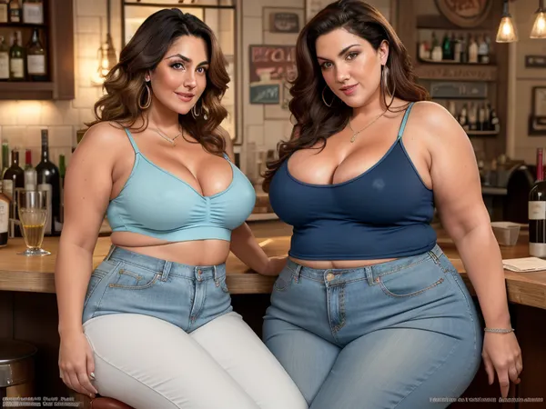 Full color high definition photo, two mature women, Armenian, brunette hair with highlights, obese, 60 years old, both women are wearing tight highwaist blue jeans, and white lowcut v-neck spaghetti strap tank top, big, hips, drunk, sitting at a table, well lit bar scene, mature, female, milf, motherly, with, pokies, sagging, breasts, <lora:Real BBW V1:.5>, <lora:epiCRealismHelper:.5>