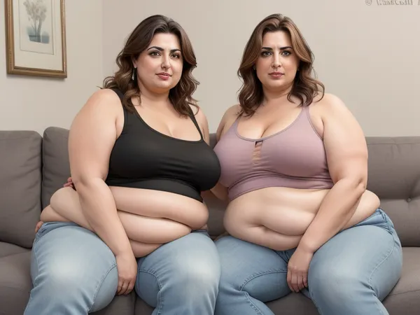 Full color high definition photo, two obese mature women, Armenian, light eyes, beautiful eyes, detailed eyes, looking at viewer, seductive, eye contact with viewer, the woman on the left has brunette hair with highlights, 60 years old, both women are wearing highwaist jeans, and sleeveless t-shirt, sitting on a couch, well lit interior scene, motherly, with, pokies, sagging, saggy, drooping, small sagging breasts, milf, <lora:epiCRealismHelper:.5>, <lora:Milf:.8>, <lora:mommyfy_V1:.5>, WeightChubby, WeightObese, WeightImmobile, <lora:Fat:.8>