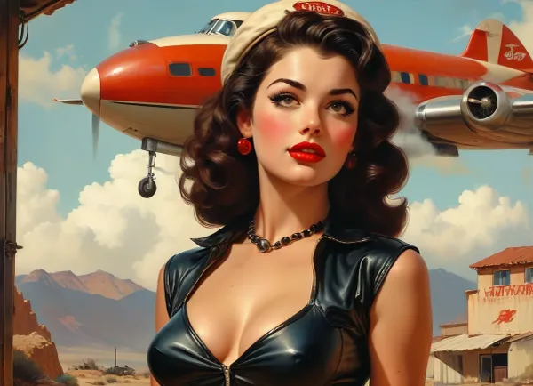 A pin-up style illustration of a young woman with a mid-20th century retro aesthetic. Full length. She has large expressive eyes, white skin, soft wavy fire elemental hair in a 1950s hairstyle, and a cheerful or playful expression. She is wearing classic leather BDSM clothing. Her body type is medium, with natural curves, no exaggeration, realistic proportions. She appears in dynamic or charming poses, reflecting mid-century pin-up art. The lighting is soft and vintage-inspired, with a clean background or stylized setting appropriate to the theme, (e.g. post-apocalyptic wasteland), . Illustration is rendered in traditional pin-up painting style, (like Gil Elvgren), with warm tones and gentle shading, sagging, style, of, Art, Frahm, latex, matte, shiny, inflatable, <lora:sagging-000015:2>, <lora:tbh210-sdxl:1.5>, <lora:shinylatex-merged:2>, <lora:MJ52:1.5>
