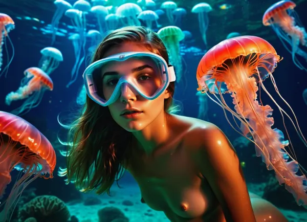 Full color image, 8K quality, masterpiece, Nude beautiful girl, wearing flippers and snorkel mask, swimming underwater among jellyfish glowing with neon lights, super realistic image, <lora:neon_circus:.8>