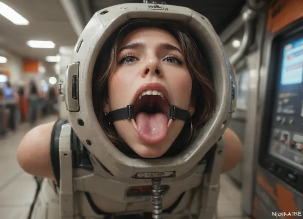 (woman is stuck with her hips in a round hole with metal rim in an arcade machine), (her arms are fixated in machine:1.5), (score_9, score_8_up, score_7_up, UHD 8K, masterpiece, best quality, maximum details, natural light, extreme realism, cinematic still), (very happy), (her hands are protruding from holes:1.3), (stuck in hole with metal rim), (wide mouth spreader ring gag, gaping mouth:1.5), (leaning forward), (box is low mounted, close to floor), (huge penis), (she stares at erect penis in front of her face:1.3)