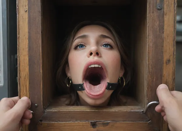 (woman is stuck with her hips in a round hole with metal rim in a vending machine), (her bust and hands are protruding from round holes in the front of the vending machine), (score_9, score_8_up, score_7_up, UHD 8K, masterpiece, best quality, maximum details, natural light, extreme realism, cinematic still), (very happy), (her hands sticking out of round holes with metal rims:1.3), (stuck in hole with metal rim), (wide mouth spreader ring gag, gaping mouth:1.5), (leaning forward), (box is low mounted, close to floor), (huge penis), (she stares at erect penis in front of her face)