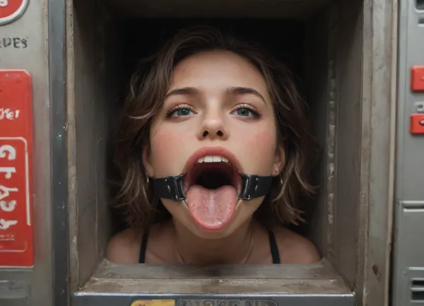 (woman is stuck with her hips in a round hole with metal rim in a vending machine), (her bust and hands are protruding from round holes in the front of the vending machine), (score_9, score_8_up, score_7_up, UHD 8K, masterpiece, best quality, maximum details, natural light, extreme realism, cinematic still), (very happy), (her hands are protruding from holes:1.3), (stuck in hole with metal rim), (wide mouth spreader ring gag, gaping mouth:1.5), (leaning forward), (box is low mounted, close to floor), (huge penis), (she stares at erect penis in front of her face)