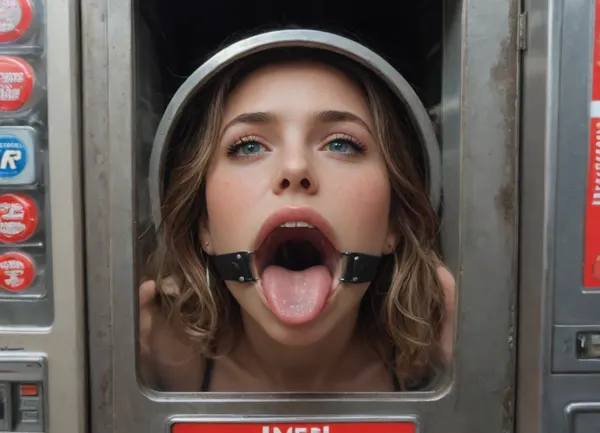 (woman is stuck with her hips in a round hole with metal rim in a vending machine), (her hands are protruding from round holes in the front of the vending machine), (score_9, score_8_up, score_7_up, UHD 8K, masterpiece, best quality, maximum details, natural light, extreme realism, cinematic still), (very happy), (her hands are protruding from holes:1.3), (stuck in hole with metal rim), (wide mouth spreader ring gag, gaping mouth:1.5), (leaning forward), (box is low mounted, close to floor), (huge penis), (she stares at erect penis in front of her face)