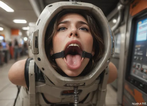 (woman is stuck with her hips in a round hole with metal rim in an arcade machine), (her arms are fixated in machine:1.5), (score_9, score_8_up, score_7_up, UHD 8K, masterpiece, best quality, maximum details, natural light, extreme realism, cinematic still), (very happy), (her hands are protruding from holes:1.3), (stuck in hole with metal rim), (wide mouth spreader ring gag, gaping mouth:1.5), (leaning forward), (box is low mounted, close to floor), (huge penis), (she stares at erect penis in front of her face:1.3)