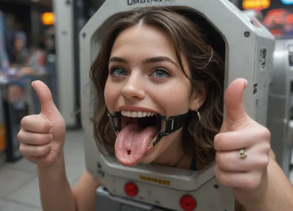 (woman is stuck with her hips in a round hole with metal rim in an arcade machine), (wide smile, obsessive:1.3), (her arms are fixated in machine, she shows thumbs up:1.5), (score_9, score_8_up, score_7_up, UHD 8K, masterpiece, best quality, maximum details, natural light, extreme realism, cinematic still), (very happy), (her hands are protruding from holes:1.3), (stuck in hole with metal rim), (wide mouth spreader ring gag, gaping mouth:1.5), (leaning forward), (box is low mounted, close to floor), (huge penis), (she stares at erect penis in front of her face:1.3)