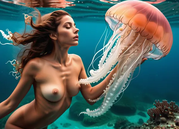 Alien ocean, (beautiful girl, athletic, natural pubic hair), swimming nude underwater, (giant transparent jellyfish:1.4), translucent tentacles groping her breasts and waist, floating deep, arching back, double penetration, handjob, spreading