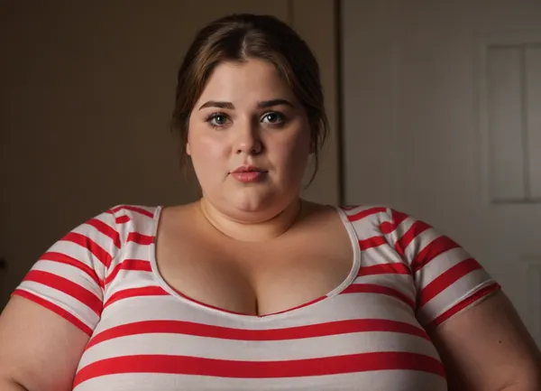 (ssbbw), sptriped t-shirt, white T with red stripes, cotton fabric texture, curvy define body, (breast bulge), ((enormous huge bust)), (massive bosom:1.1), wide standing eyes, wide cheekbones, strong jawline, light brown hair, pixie haircut, circular face, wide jawline, (strong fat arms), fat neck, fat shoulders, chubby face, soft smile, relaxed