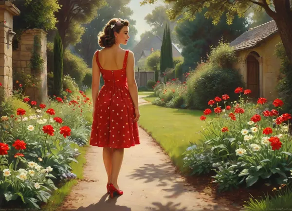 a traditional pin-up oil painting or acrylic on canvas in classic 1950s style, featuring a young woman seen from the back in a red dress with white polka dots, matching headband, standing barefoot on a sunny garden path, turning halfway to smile over her shoulder, surrounded by blooming flowers and vintage garden elements, soft natural lighting, warm tones

Negative Prompt, extra fingers, extra arms, fused limbs, bad anatomy, distorted face, deformed body, low quality, blurry, disfigured, mutated, ugly, wrong head shape, too many teeth, poorly drawn hands, unrealistic lighting, style, of, Gil, Elvgren, latex, matte, shiny, inflatable, <lora:tbh149-sdxl:1>, <lora:shinylatex-merged:1.5>