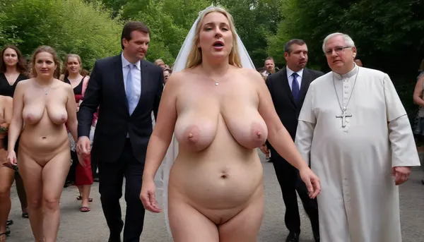 A wedding. Procession. City street. Naked blond obese woman. Well-dressed men in black suits and priests look at the Bride. She is a FAT 58-year-old woman, grandma, (((Full body with head visible))), . She is dressed only with a White veil on her head, White LACE BRA, naked body, no clothes, wrinkles, GLASSES, GRAY hair, collar, leash, ((daylight)), HD, true colors, detailed portrait. No blur, 8k, ultra HD photorealistic full height 8k, <lora:sagging-000015:.3>, plump, skindentation, chubby, bbw, venus, body, big, breasts, ass, <lora:Chubby BBW - XL:1.5>, (holding, with, mouth), <lora:356728_training_data:.8>, stretch, marks, <lora:stretch_marks:.8>