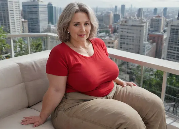 (bbw:1.2), (milf:1.7), with wrinkles and cellulite, .She has, (Neatly pinned light gray hair in a French twist:1.7), . Wearing, (red t-shirt, cargo pants:1.4), . Has a, (big thighs:1.2), smiling looking at viewer with, (sitting on black couch:1.2), (city apartment balcony:1.4)