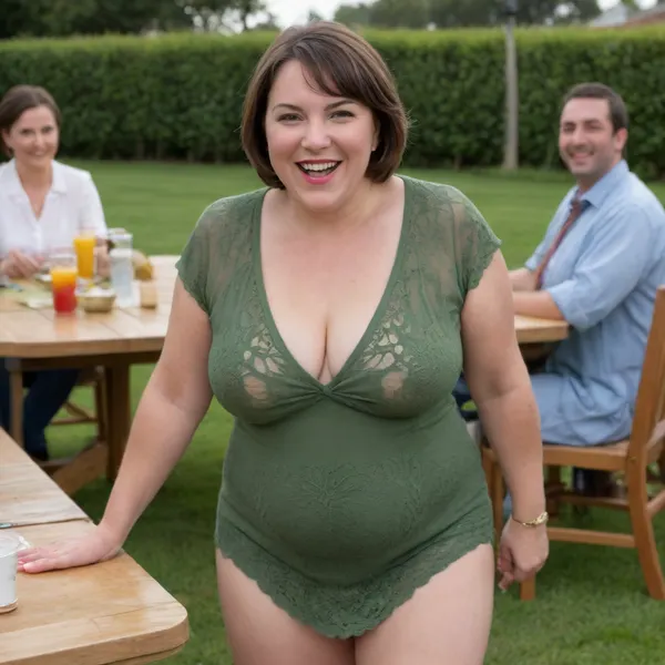 Sunny summer day, bright sunny day, The chubby milf 35 is dancing on the lawn, green lawn, stark naked body, chubby milf, transparent, medium very saggy tits, no panties, plump hairy pubis, brown hair, bobcut hair, dark green eyes, happy smile, nip slip, (normal quality:2), ((fully dressed people at table in background:1.5))