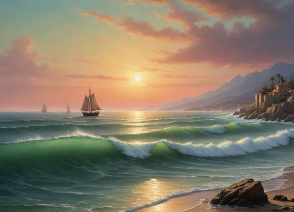 The painting is in the style of the Russian artist Ivan Konstantinovich Aivazovsky.The painting depicts the evening dawn of the sea near Malaga, a Spanish port city.

A boat is sailing through the high waves of a choppy sea, the rowers are working their oars with all their might to overcome the waves. Longboats and ships with lowered sails are parked at the pier.

The rays of the setting sun turn the edge of the pale green sky into a honey-yellow color, against which city buildings are clearly outlined, [1], .

The work is painted in bright colors. The author depicted the sky in one step, using a wide range of shades — light green, turquoise, pink, yellow, orange. The heavens are reflected on the surface of the rolling sea, coloring the waves in the same colors. The painter conveyed on canvas with realistic accuracy transparent sea waves, on the crests of which foam crests bloom, which crumble as they approach the shore., painted in the so-called oriental taste.